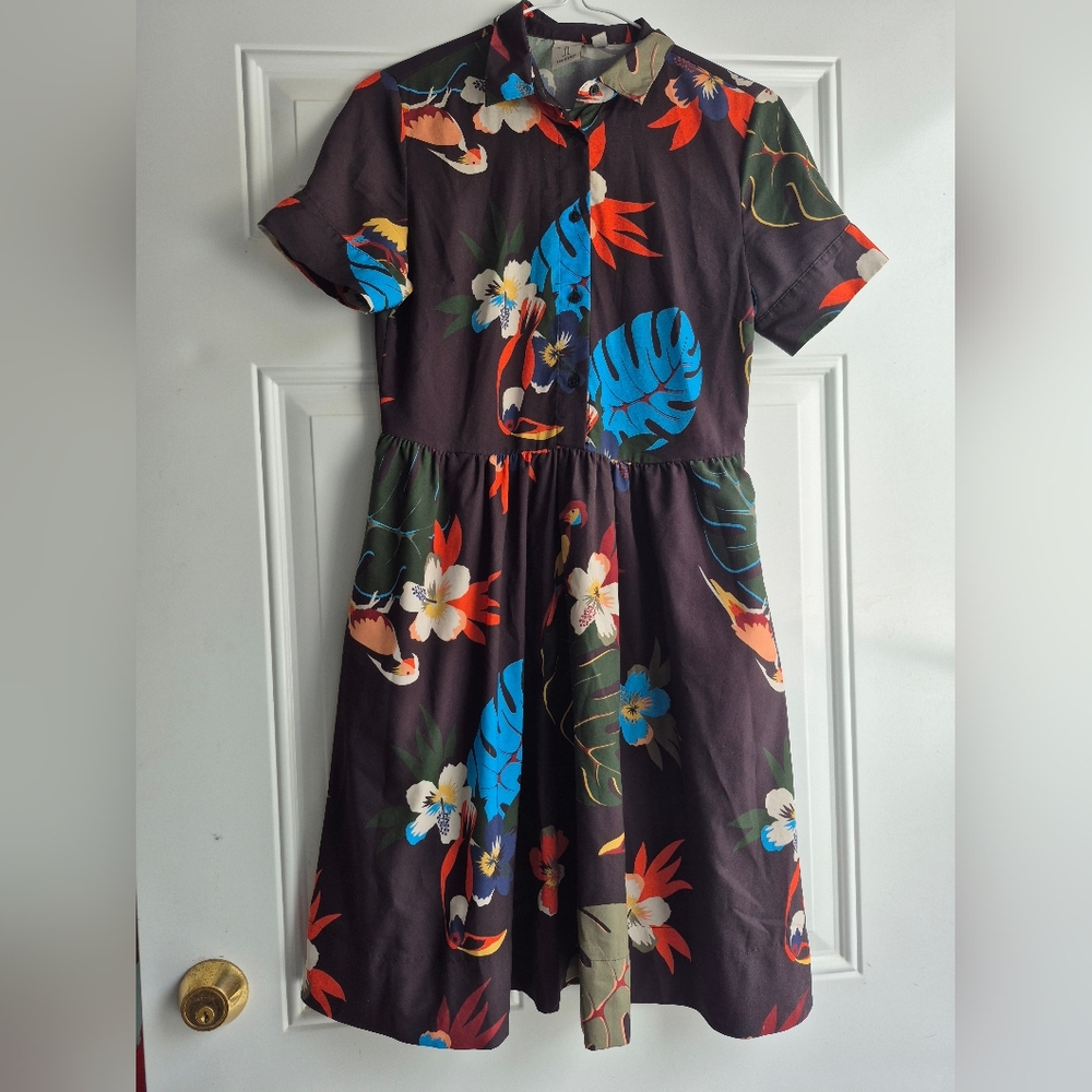 Tristan Black Tropical Floral Bird Above Knee Ms. Frizzle Style Button Up Dress
